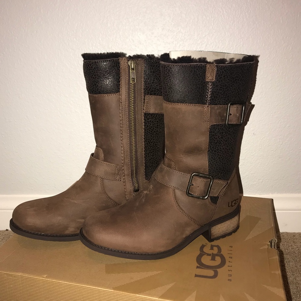 UGG Brown Leather Mid-Calf Shearling-Lined Boots with Buckle
